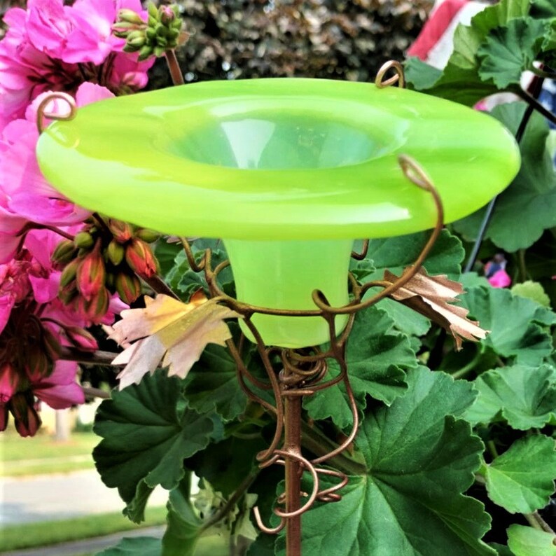 Chartreuse Green Glass, BIRD and BUTTERFLY Feeder, Staked, Copper Accents, Outdoor Decor, Garden Gift image 3
