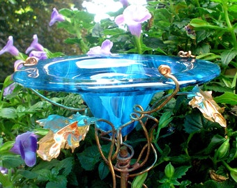 Pretty and Functional!  STAKED Copper and Teal Blue Stained Glass  made into a Feeder for BUTTERFLIES and BIRDS!