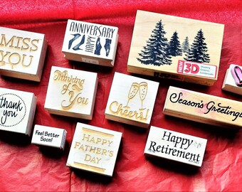 RUBBER STAMPS, Barely Used, LOT of 10, Wood Mounted, Assorted Themes, Assorted Sizes