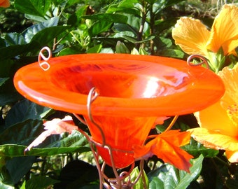 FRUIT and SEED FEEDER for Birds and Butterflies,  glass and copper, Garden Gift, Yard Art, Red-Orange, Gifts under 50