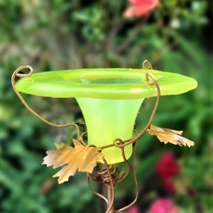 Chartreuse Green Glass, BIRD and BUTTERFLY Feeder, Staked, Copper Accents, Outdoor Decor, Garden Gift image 1