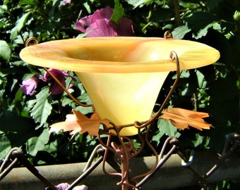 BIRD and BUTTERFLY Feeder, Made in the USA, Stained Glass and Copper, Ivory Peach, Gifts under 50, Glass Garden Gift