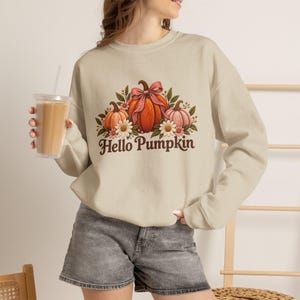 Puede incluir: Una sudadera beige de cuello redondo con un gráfico de tres calabazas en naranja y rosa, decoradas con un lazo rosa y flores blancas. El texto "Hello Pumpkin" está impreso en color marrón debajo de la ilustración. La sudadera tiene mangas largas.