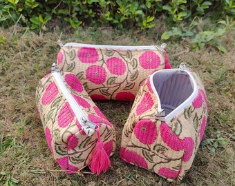 Juego de 3 bolsas de cosméticos acolchadas con diseño floral, bolsa de maquillaje de algodón hecha a mano