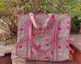 Handgefertigte gesteppte Baumwoll-Einkaufstasche, Boho-Shopper zum Wenden