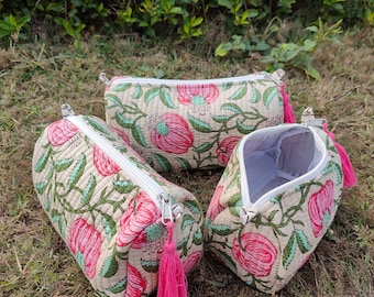 Juego de 3 neceseres acolchados con diseño floral, neceser de maquillaje de algodón hecho a mano, trío