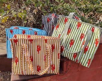 Bolso tote de algodón acolchado hecho a mano con forma de langosta, estilo bohemio reversible