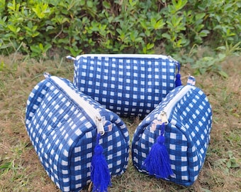 Juego de 3 bolsas de cosméticos acolchadas con diseño floral, bolsa de maquillaje de algodón hecha a mano