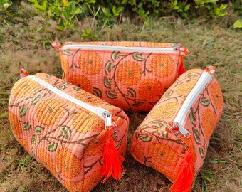 Juego de 3 bolsas de cosméticos acolchadas con diseño floral, bolsa de maquillaje de algodón hecha a mano