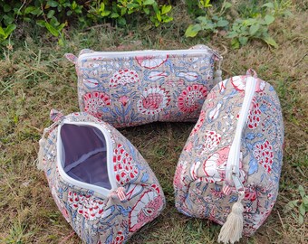 Bolsa de cosméticos acolchada con diseño floral, bolsa de maquillaje de algodón hecha a mano, paquete de trío