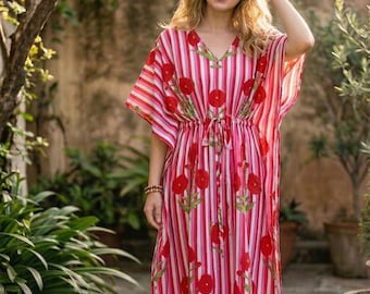 Vestido caftán de algodón hecho a mano para mujer, caftán largo maxi estilo bohemio, pareo de verano para la playa.