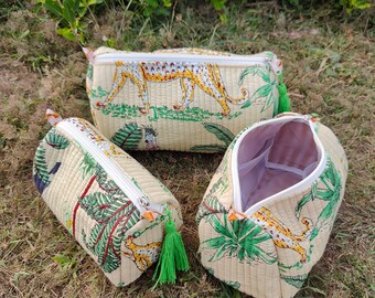 Juego de 3 bolsas de maquillaje acolchadas, neceser de algodón con estampado floral, organizador de artículos de tocador de viaje