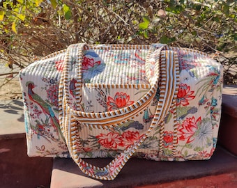 Cotton Quilted Duffle Bag, Large Weekend Travel Bags, Overnight Carry-on