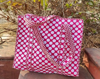 Bolso tote de algodón acolchado hecho a mano, estilo bohemio reversible