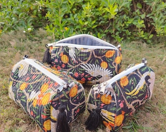 Juego de 3 bolsas de cosméticos acolchadas, bolsa de maquillaje de algodón hecha a mano
