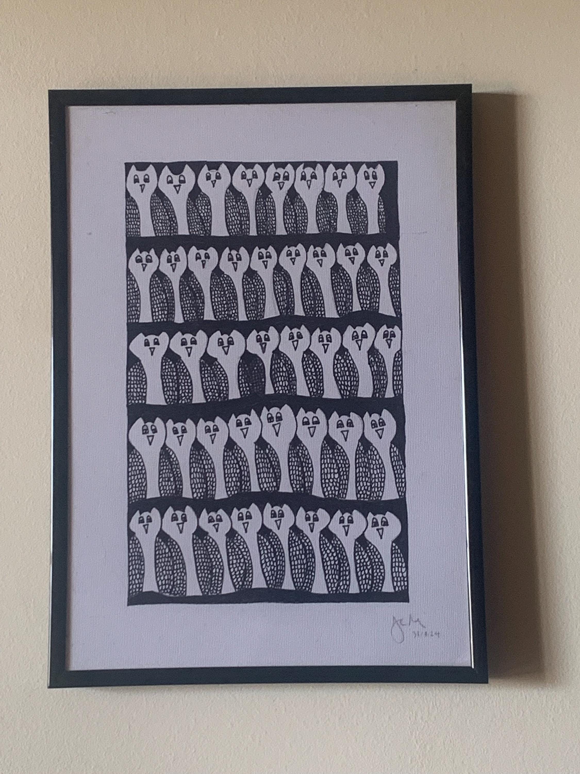 Choir of Owls Pen Drawing &ndash; A4 Framed Ink Art, Signed Dated Sketch
