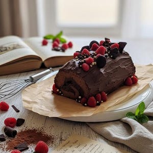 Peut inclure: Bûche de Noël au chocolat décorée de framboises fraîches, copeaux de chocolat et perles comestibles. Le gâteau est posé sur une assiette blanche sur du papier sulfurisé, avec un fouet et un livre ouvert en arrière-plan.