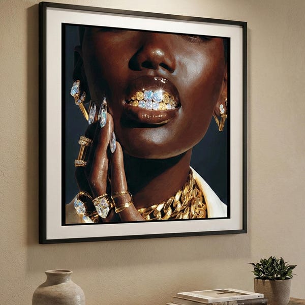 Black Woman Art Print | Diamond Grill, Gold Jewelry (Digital Download) | wall decor
