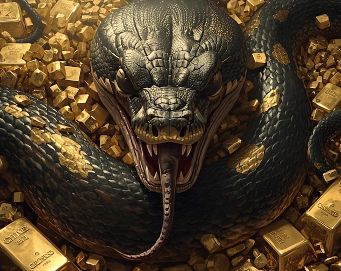 Majestic Snake with Gold Bars Digital Print | Fantasy Creature and Surreal Wealth Art | Dark Treasure Wall Poster | Greed and Power Symbolic
