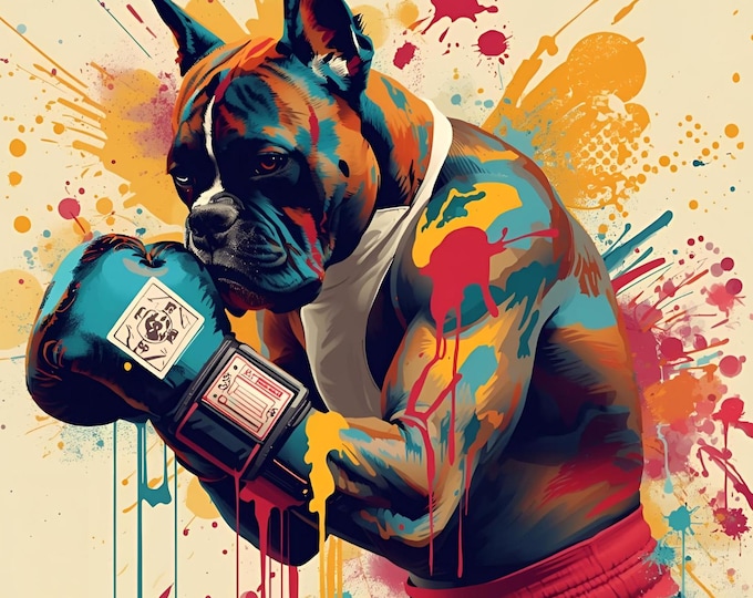 Colorful Boxer Dog Wall Art | AI Digital Abstract Animal Painting | Modern Pet Lover Gift | Vibrant Boxing Dog Decor | Unique pop art print
