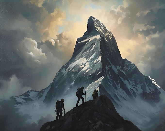 Matterhorn Climber Print | Snowy Peak Adventure Poster | Glowing Summit Wall Art | Mountain Exploration Digital Decor | Swiss Alps poster
