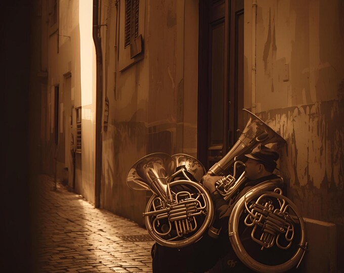 Vintage Street Music Art Print | Brass Instrument Wall Decor | Sepia Tone Photography | Tuba and Horn Alley Scene | Modern Music Lover Gift