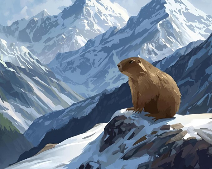Mountain Marmot Art Print | AI Digital Wildlife Painting | Alpine Animal Wall Decor | Snowy Landscape Illustration | Nature Lover Gift