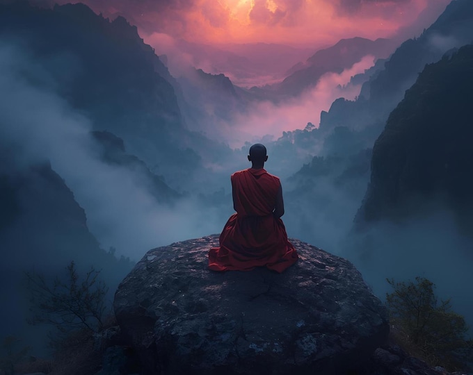 Monk on Round Stone – AI Digital Download | Spiritual Art, Zen & Meditation Scene, Buddhist Illustration, Wall Decor,