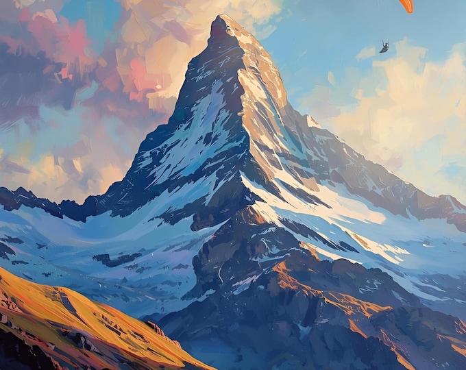 Matterhorn Sunset Poster, Paraglider Mountain View Digital Print | Snow Peak Adventure Decor | Vibrant Nature Landscape Wall Art Travel Gift