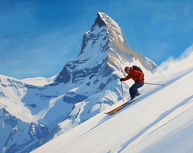 AI Digital Skiing Mountain Art | Alpine Adventure Wall Print | Snowy Peak Landscape Poster | Winter Sports Decor | Ski Enthusiast Gift