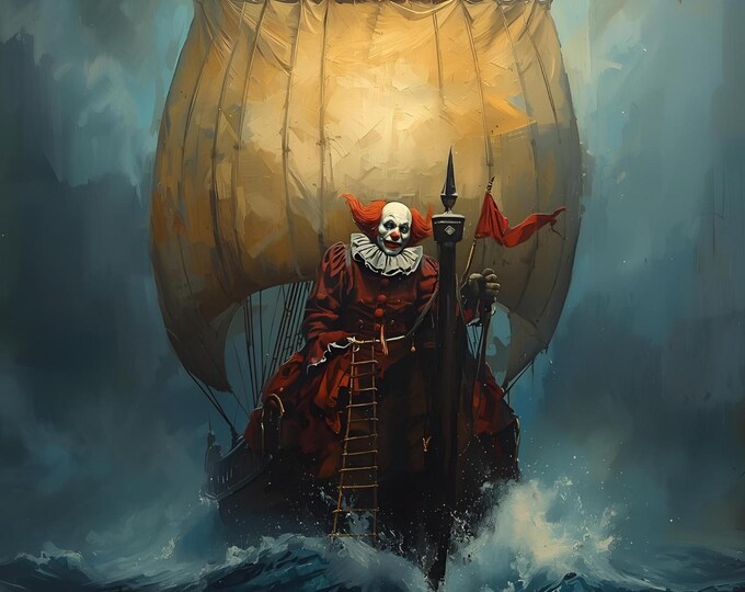 Dark Pirate Clown Ship Art | AI Digital Fantasy Painting | Horror Sea Voyage Wall Decor | Gothic Ocean Illustration | Creepy Nautical Print