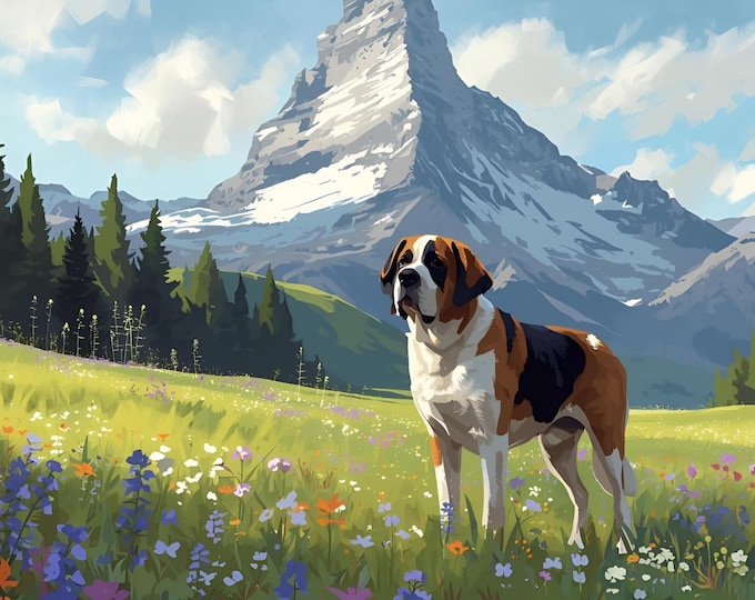 AI Digital Dog Mountain Print | Alpine Field Wall Art | Saint Bernard Nature Landscape Poster | Scenic Meadow Decor | Wildlife Pet Artwork