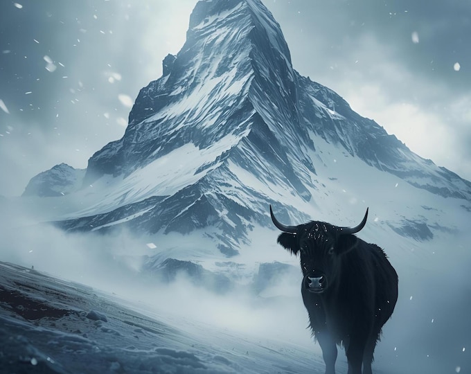 Matterhorn AI Digital Print | Swiss Alps Wall Art with Black Cow | Winter Mountain Landscape Printable Art | Snowy Peak Nature Home Decor