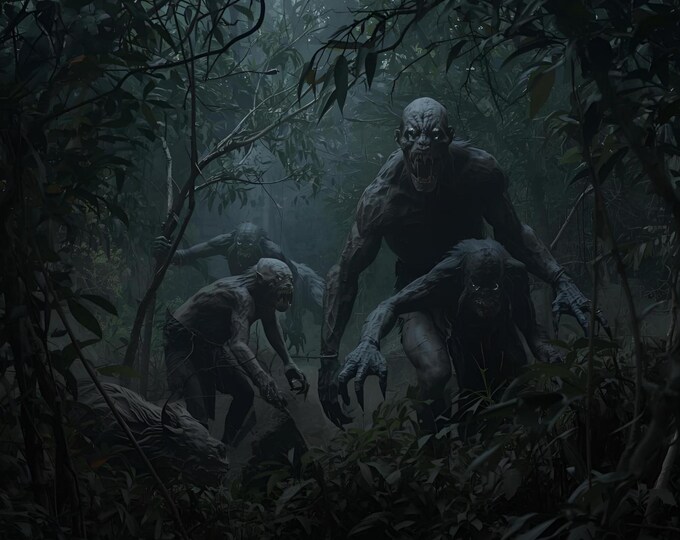 AI Digital Dark Forest Monster Art | Spooky Creepy Creature Painting | Horror Wall Print | Fantasy Night Scene | Scary Jungle Beast Decor
