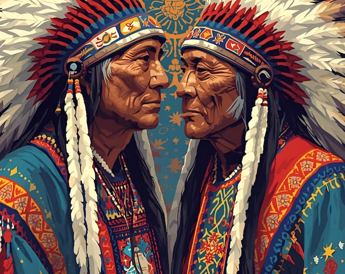 Native American Headdress Inspired Wall Art | Two Tribal Chiefs Poster | Digital AI Indigenous Culture Decor | Ethnic Traditional Art Print