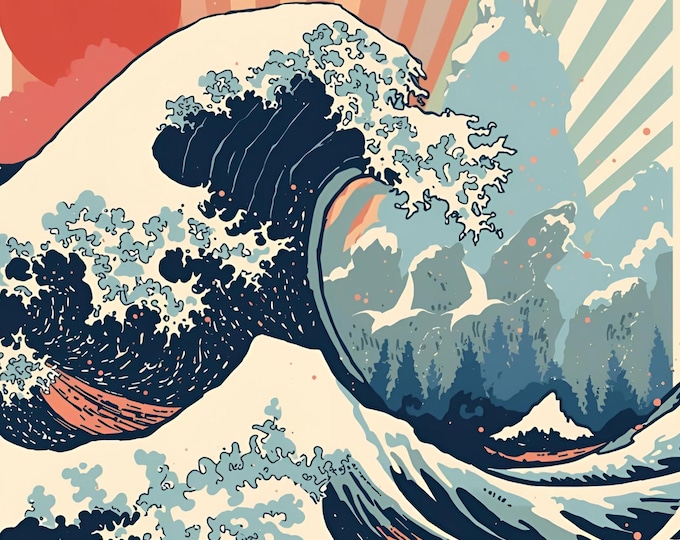Minimalist Japanese Wave Art Print | Retro Ocean Sun Poster | Bold Kanagawa Style Decor | AI Digital Landscape Illustration for Wall Decor