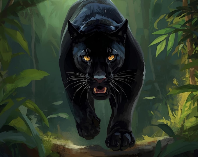 Black Panther Wall Art | Jungle Animal Poster | AI Digital Panther in Forest Artwork | Wild Cat Print for Home Decor | Wildlife Art Print