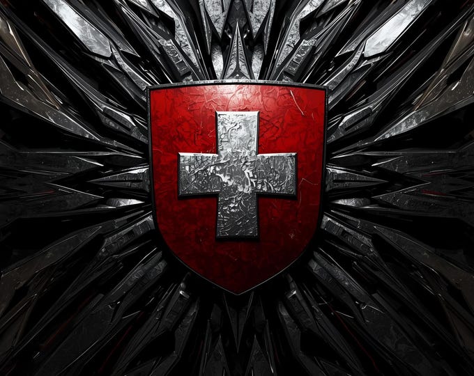 Futuristic Swiss Shield Wall Art | Metallic Swiss Coat of Arms Print | Modern Switzerland Heraldic Wall Decor | Abstract Red Cross Decor