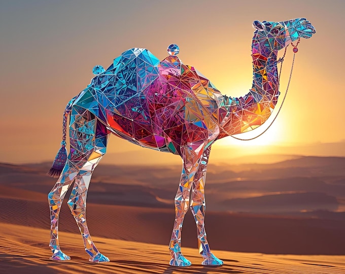Crystal Camel Desert Art | AI Digital Sunset Wildlife Print | Vibrant Geometric Camel Artwork | Abstract Sahara Landscape Home Wall Decor