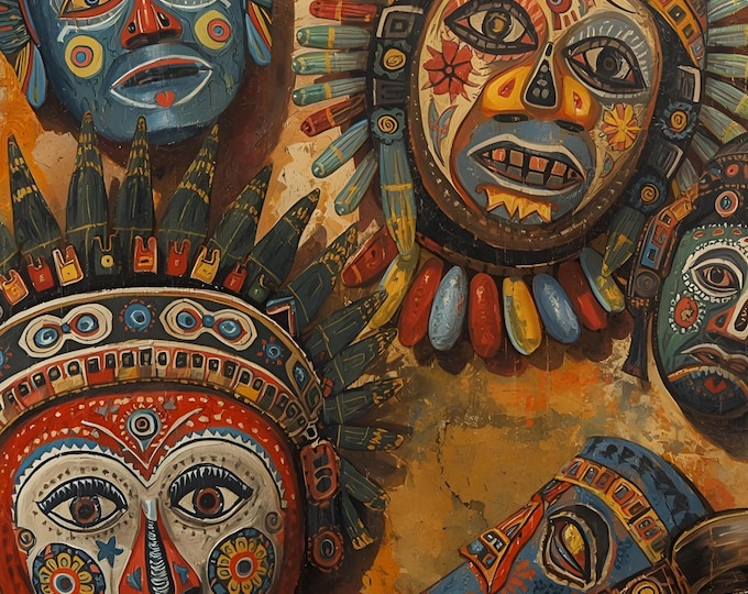 South America Ecuador Masks Digital Art | South American Folk Art Style | Colorful Ethnic Wall Decoration, Tribal Motif, Unique Home Decor