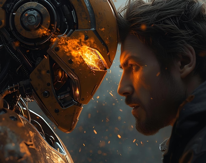 AI Man vs Robot Art | Futuristic Sci-Fi Digital Illustration | Human and Machine Connection Artwork | AI Digital Cyberpunk Wall Print