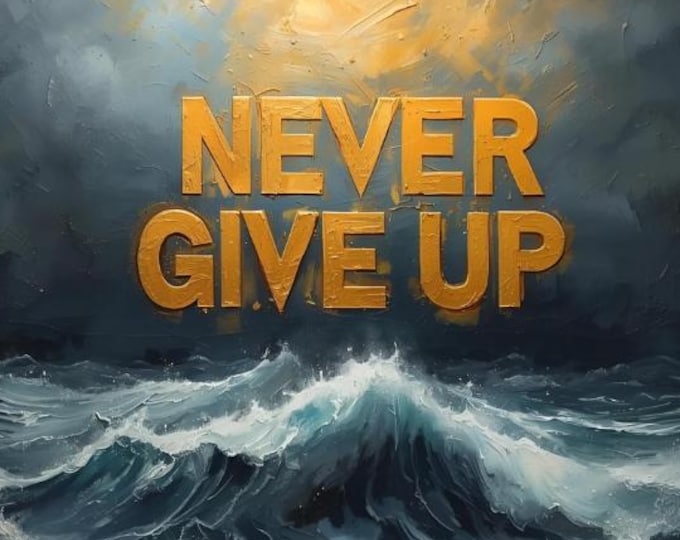 Motivational Wall Art Print | Never Give Up Inspirational Ocean Quote Poster | AI Digital Uplifting Wave Painting Decor for Home Office