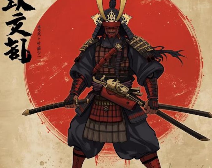 Japanese Samurai Warrior Art Print | AI Digital Download: Samurai Fighter Illustration | Bushido Wall Decor for Game Room, Home or Office