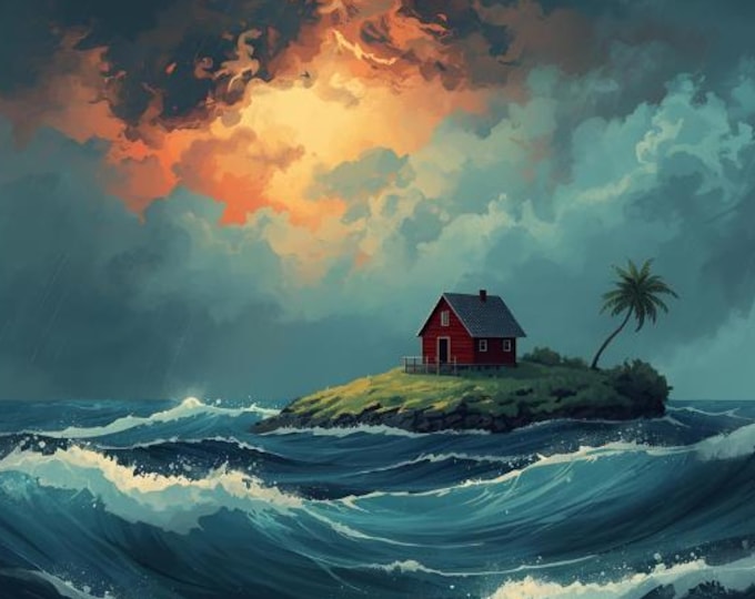 Red Cottage Deserted Island Digital Download | AI Art, Island Wall Decor, Mystical Island Illustration Digital Landscape Print