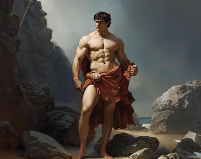 Hercules in the Rocks – AI Digital Download | Ancient Mythology, Statues Wall Art, Greek Myth Illustration, Instant Download