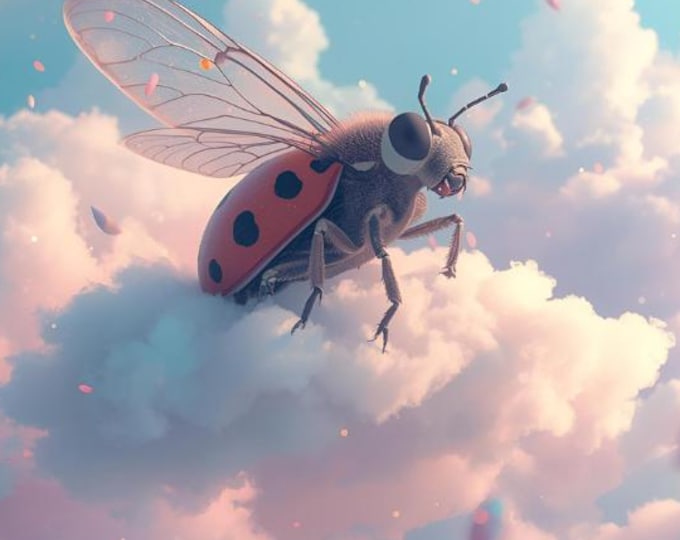 Maybug Luck on Cloud – AI Digital Download | Lucky Symbols, Nature Wall Art, Insect Illustration, Spring Art, Instant Download