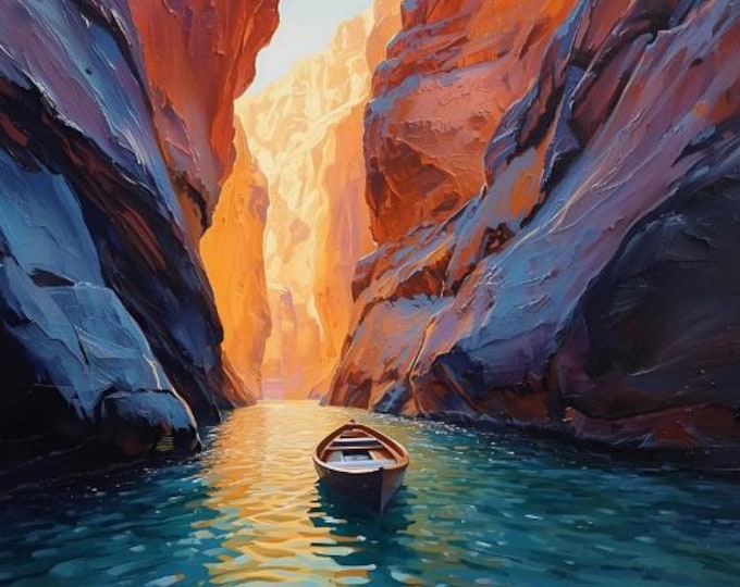 Boat through Canyoning – AI Digital Download | Adventure Landscape, Nature Wall Art, Canyoning Scene, Waterfall Illustration, Instant Download