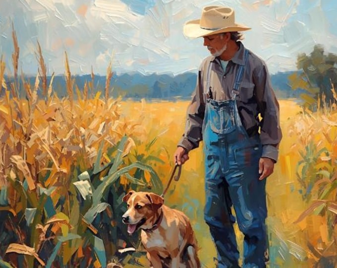 Farmer with Dog in Cornfield–AI Digital Download | Country Life Wall Art, Farm Scene, Nature & Animal Illustration, Farm Decoration, Art