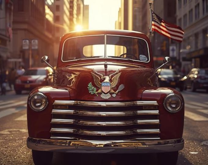 Vintage Red Truck Poster | Sunset City Digital AI Product | Americana Street Wall Art | Patriotic Urban Scene Print | Classic Car Wall Decor