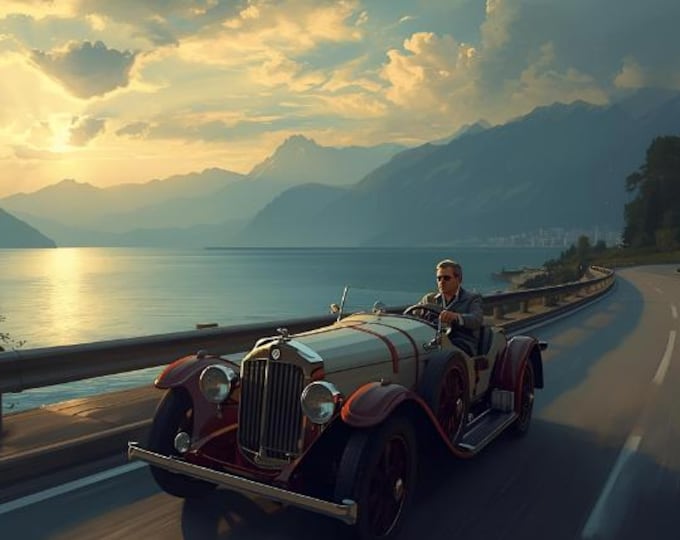 Watercolor Vintage Car by Lake and Mountains Art Print | Classic Automobile Sunset Painting for Office or Home, AI Digital Scenic Car Poster
